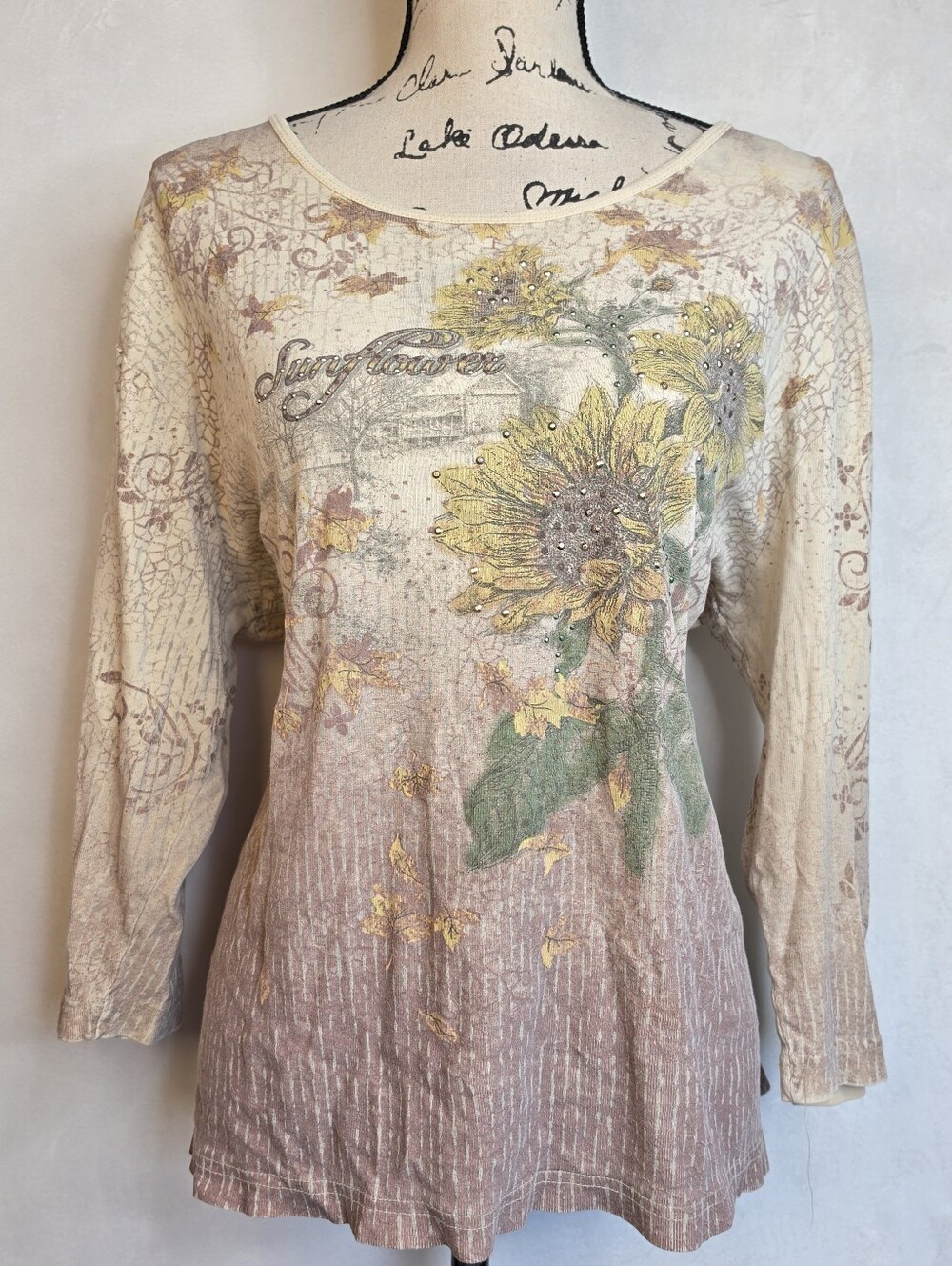 Decorated Originals Vintage Style Sunflower Rhinestone Top 2X Earthy Cottagecore